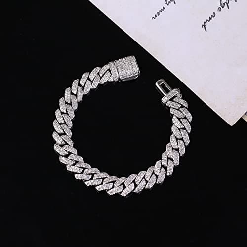 MOFEIJEWEL Full Iced Out Bling 10mm Miami Cuban Link Bracelet 5A CZ Diamonds Silver