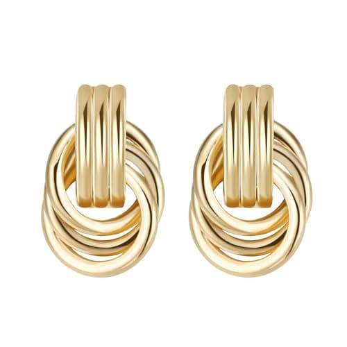 ENVEYO Hammered Geometric Gold Stud Earrings for Women Trendy Square Irregular Chunky Necklace