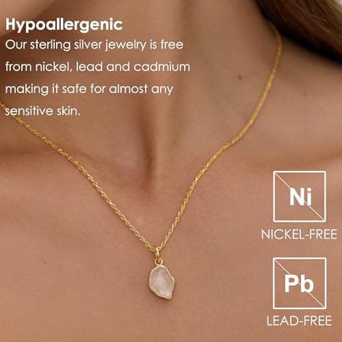 Michooyel Natural Rose Quartz Pendant Necklace 18K Gold Plated S925 Silver for Women