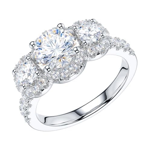 THELANDA Genuine Moissanite Halo Engagement Ring 1CT Sterling Silver Three Stone