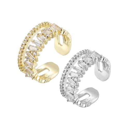 VOPIPO Adjustable Gold Plated CZ Leaf Double Cubic Zirconia Ring for Women