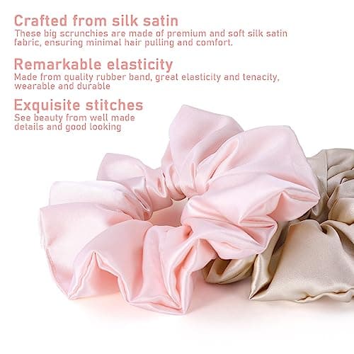 3 Pack Silk Satin Scrunchies - Blackish Green, Pink Champagne | Luxurious Hair Accessories