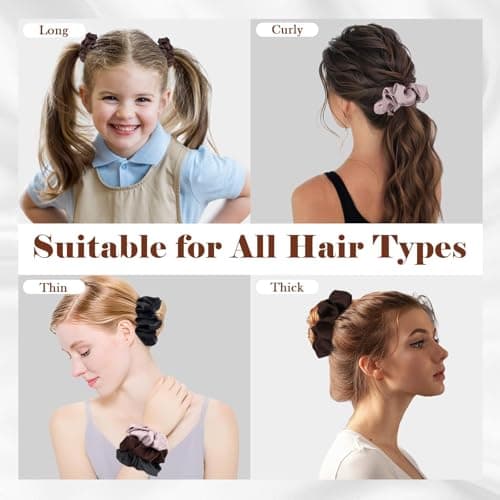 9 Pack Satin Scrunchies for Women - Soft, No Damage, Ideal for Curly Thick Hair - Black, Brown, Purple - 3 Sizes