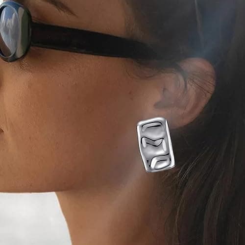 ENVEYO Hammered Geometric Gold Stud Earrings for Women Trendy Square Irregular Chunky Necklace