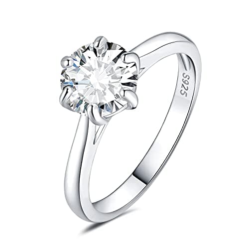 JewelryPalace Classic Round Cut Moissanite Solitaire Rings, 14K Gold Plated 925 Sterling Silver