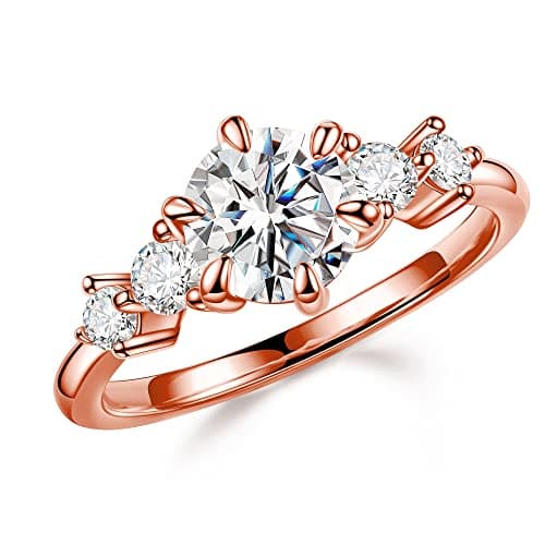 MOOSEA Round 5-Stone Moissanite Engagement Ring, 1.2ct D Color VVS1 Clarity, 14K Vermeil