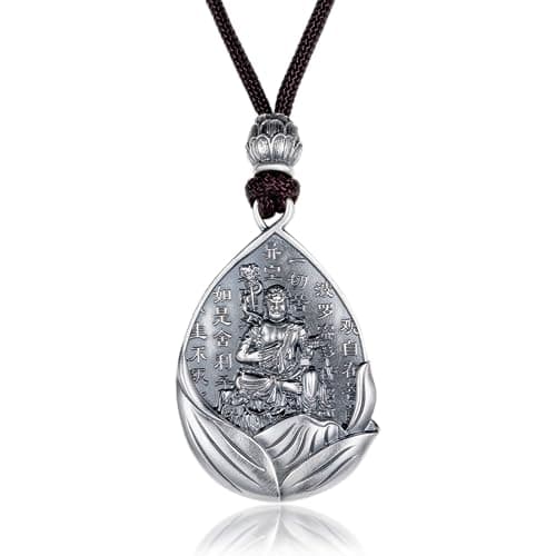 AnuClub S999 Sterling Silver Buddha Guanyin Pendant Necklace Lucky Amulet Jewelry