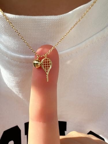 Omnzon 18K Gold Dipped Tennis Racket Necklace with Ball Charm