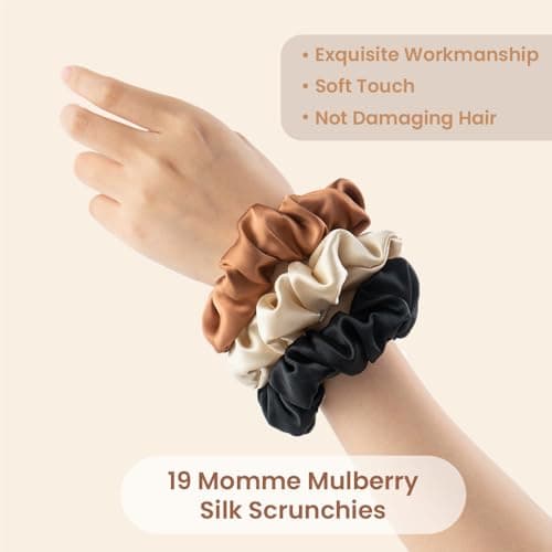 100% Mulberry Silk Scrunchies for Curly Hair, Thick Elastic Band, 3-Pack