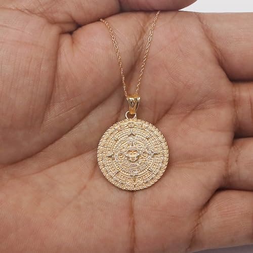 AFFY Aztec Sun Calendar Pendant Charm Necklace 14K Gold over Sterling Silver