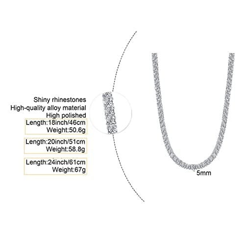 Silver Plated Mesnt Iced Out Tennis Chain Necklace CZ 5mm 46-61CM