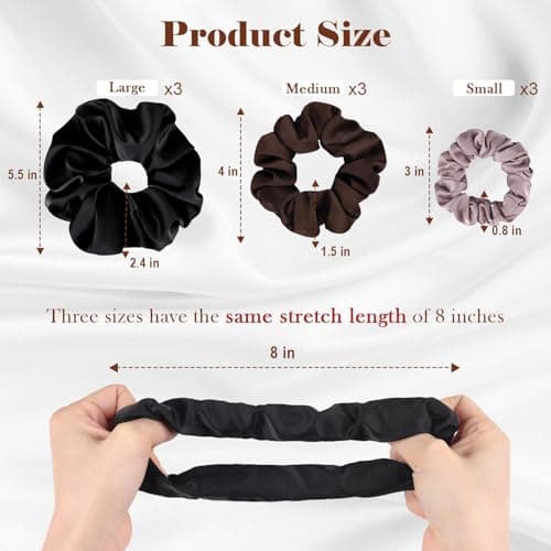 9 Pack Satin Scrunchies for Women - Soft, No Damage, Ideal for Curly Thick Hair - Black, Brown, Purple - 3 Sizes