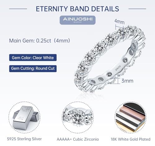 AINUOSHI Eternity Ring, 925 Sterling Silver, Cubic Zirconia Jewelry Box Packed