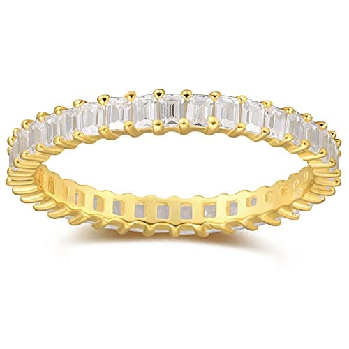 Vescence 18K Gold Plated CZ Stacking Ring | Dainty Vertical Baguette Eternity Band for Women