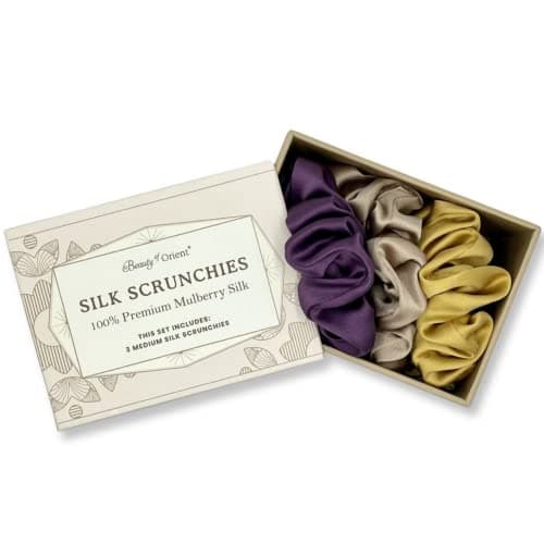 Premium 25 Momme Mulberry Silk Scrunchies | Bedrock, Midnight, Champagne (3 Medium)