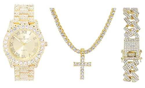 Charles Raymond Iced Out Mens Tennis Cross Necklace & Blinged Out Cuban ZZ Watch Set - ST10327TCR