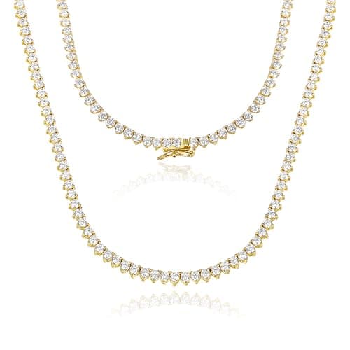 Gemsme 18K Gold Plated 3 Prong 3.0MM Round CZ Classic Tennis Necklace for Women