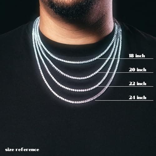VIVDEC 18K White Gold Plated Tennis Chain, Iced Out Necklace (Double Safety Clasp)