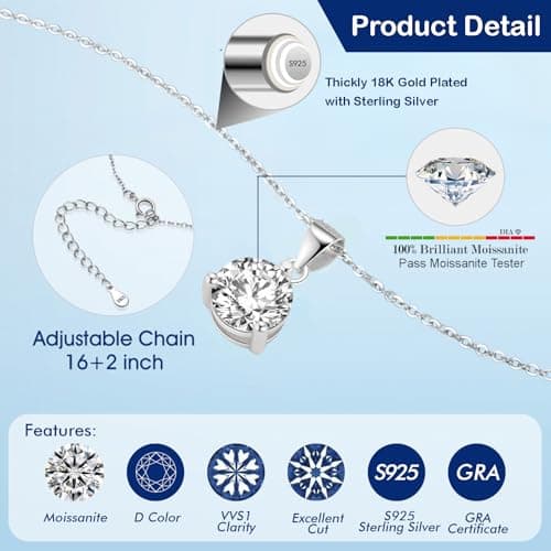 SecreTalk 1-3CT Moissanite Pendant Necklace, 3 Prong 925 Sterling Silver Gift for Mother or Wife