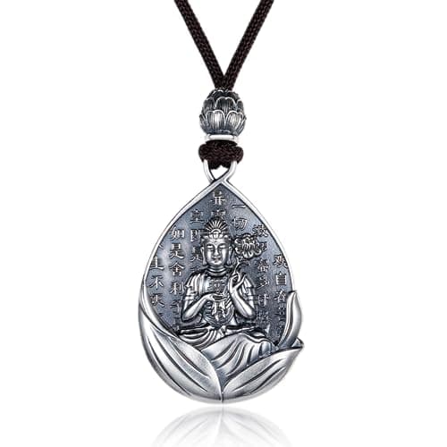 AnuClub S999 Sterling Silver Buddha Guanyin Pendant Necklace Lucky Amulet Jewelry