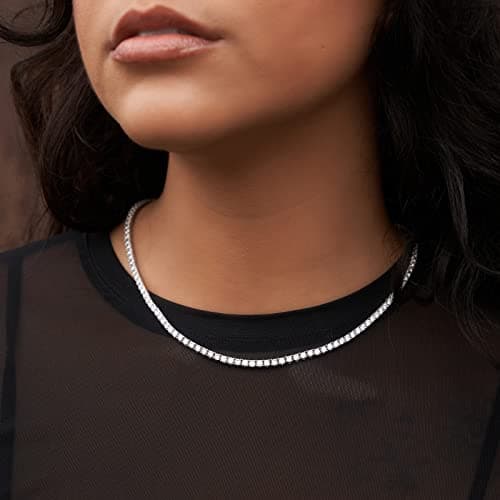 Luxfine 14K White Gold Plated 3mm Tennis Necklace, 5A+ Cubic Zirconia Choker