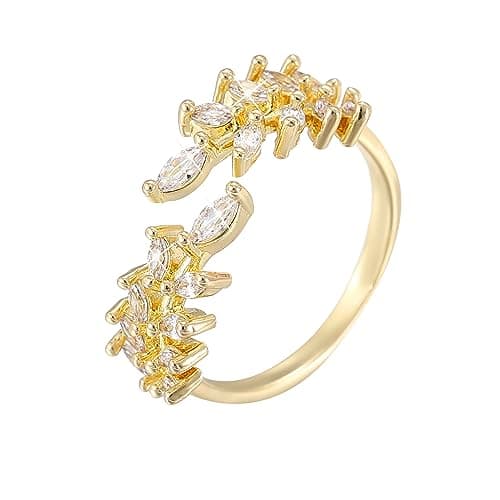 VOPIPO Adjustable Gold Plated CZ Leaf Double Cubic Zirconia Ring for Women
