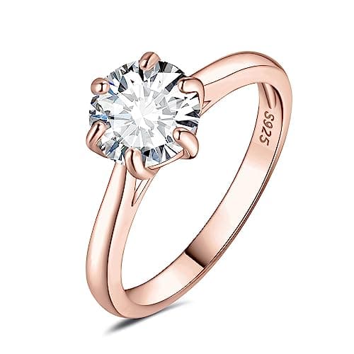 JewelryPalace Classic Round Cut Moissanite Solitaire Rings, 14K Gold Plated 925 Sterling Silver