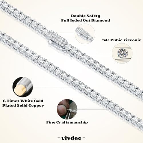 VIVDEC 18K White Gold Plated Tennis Chain, Iced Out Necklace (Double Safety Clasp)