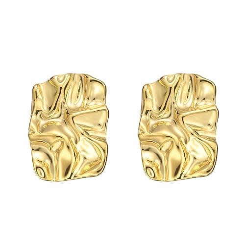 ENVEYO Hammered Geometric Gold Stud Earrings for Women Trendy Square Irregular Chunky Necklace