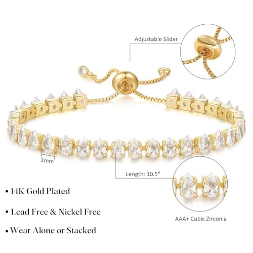 KissYan 14K Gold Plated Cubic Zirconia Adjustable Slider Tennis Bracelet
