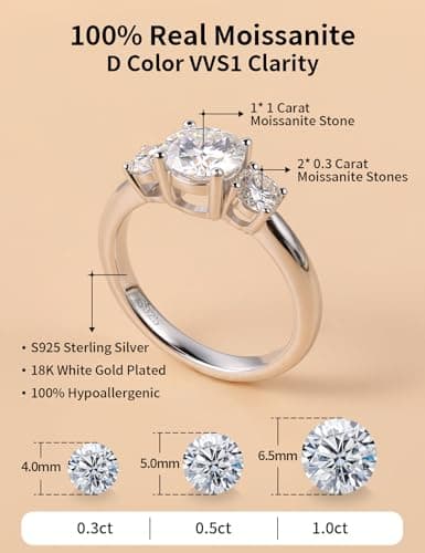 1.6 Carat 3 Stone Ladylike Moissanite Engagement Ring for Women Size 5-11