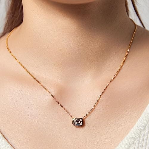 Emerald Cut Pendant Necklace for Women - 18k Gold Plated Diamond Solitaire Necklace