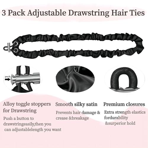 3Pcs Extra Length Black Silk Scrunchies, No-Slip Ponytail Holders for Women