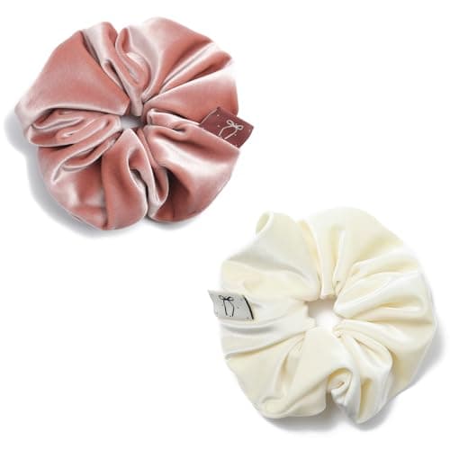 Premium Silk Velvet Scrunchies for Women, Soft Leave Yellow Milky White, 2pcs