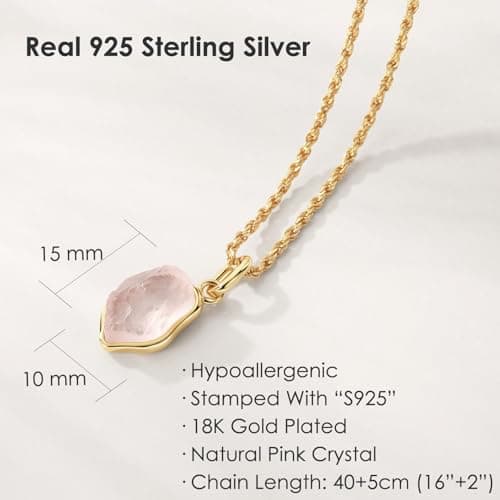 Michooyel Natural Rose Quartz Pendant Necklace 18K Gold Plated S925 Silver for Women