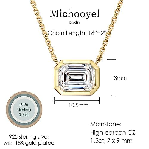 Emerald Cut Pendant Necklace for Women - 18k Gold Plated Diamond Solitaire Necklace