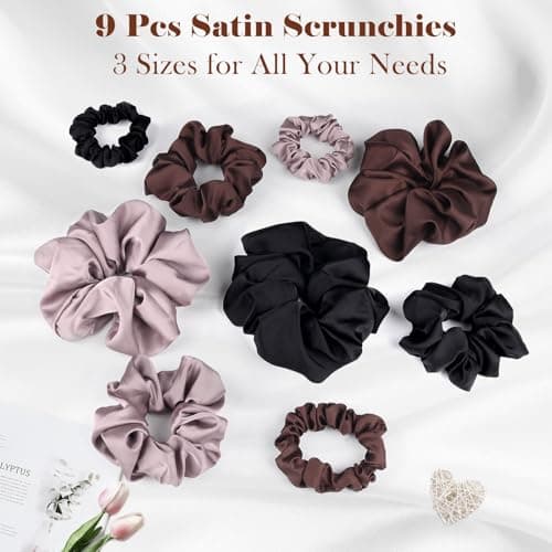 9 Pack Satin Scrunchies for Women - Soft, No Damage, Ideal for Curly Thick Hair - Black, Brown, Purple - 3 Sizes