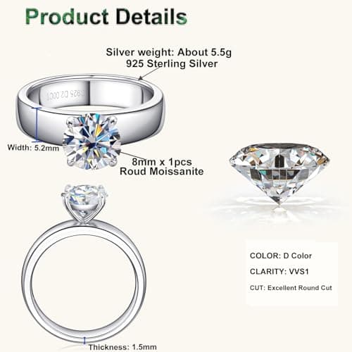 PROSTORY 2CT Moissanite Solitaire Ring 925 Silver VVS1 Clarity Anniversary Gift for Her