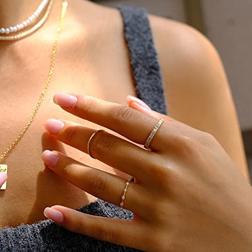 Vescence 18K Gold Plated CZ Stacking Ring | Dainty Vertical Baguette Eternity Band for Women