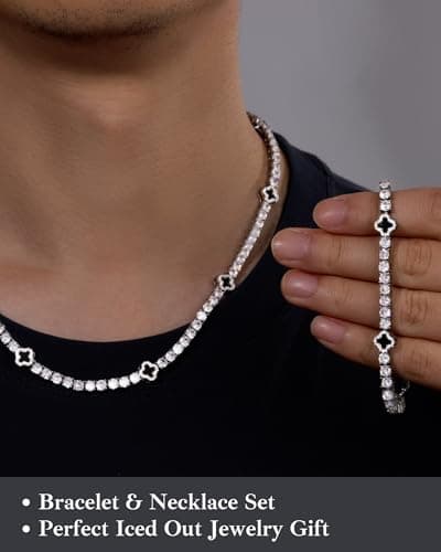 LuxeFlex White Gold Plated 4mm Four Leaf Tennis Chain with 5A Zircon Stones Hip Hop Bling Necklace