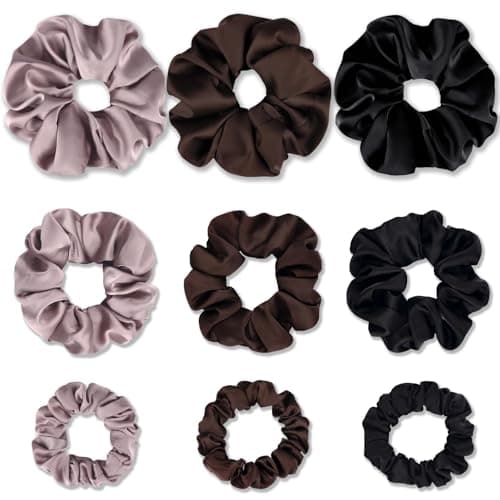 9 Pack Satin Scrunchies for Women - Soft, No Damage, Ideal for Curly Thick Hair - Black, Brown, Purple - 3 Sizes