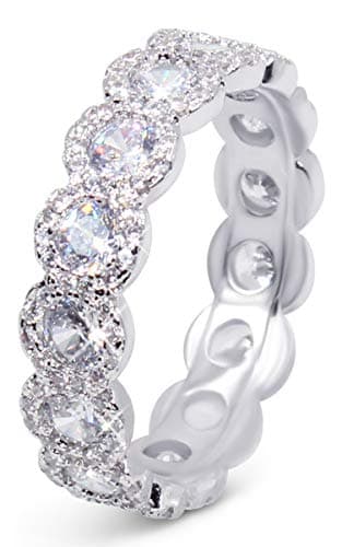 Savlano 18K White Gold Plated CZ Round Eternity Ring for Women