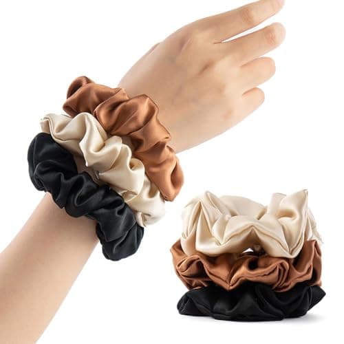 100% Mulberry Silk Scrunchies for Curly Hair, Thick Elastic Band, 3-Pack