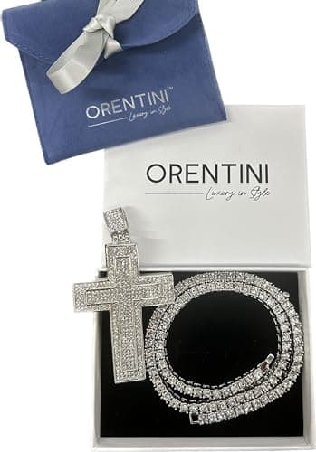 Orentini 925 Silver Plated CZ Diamond Tennis Necklace & Cross Pendant