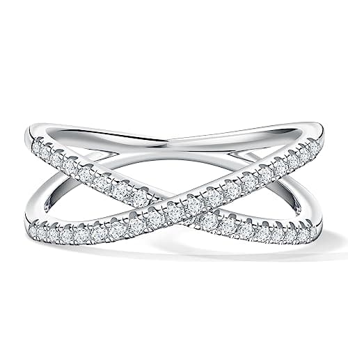 SAMIOVJ D Color VVS1 Moissanite Criss Cross Wedding Band, 18K White Gold Plated Sterling Silver