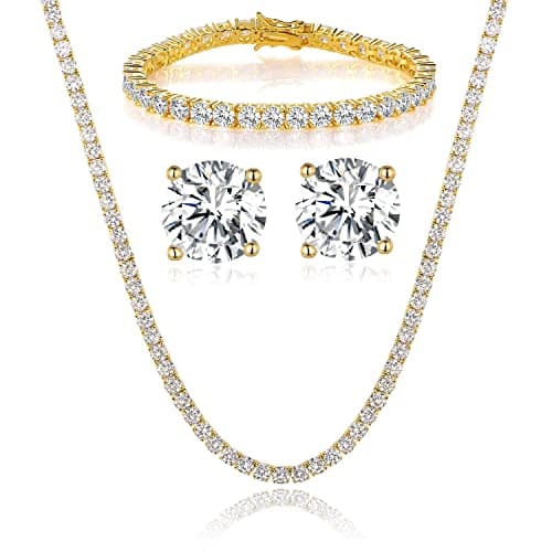 Gemsme 18K Gold Plated Tennis Jewelry Set: Necklace, Bracelet, Earrings (Pack of 3)