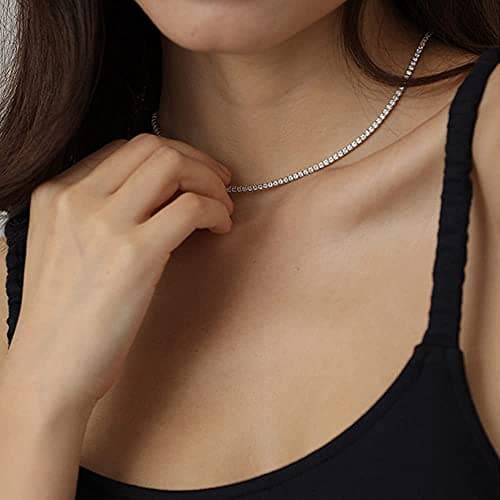 WOWORAMA Women's Gold & Silver Thin Cubic Zirconia Tennis Choker Necklace