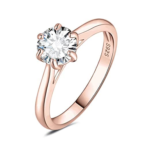 JewelryPalace Classic Round Cut Moissanite Solitaire Rings, 14K Gold Plated 925 Sterling Silver