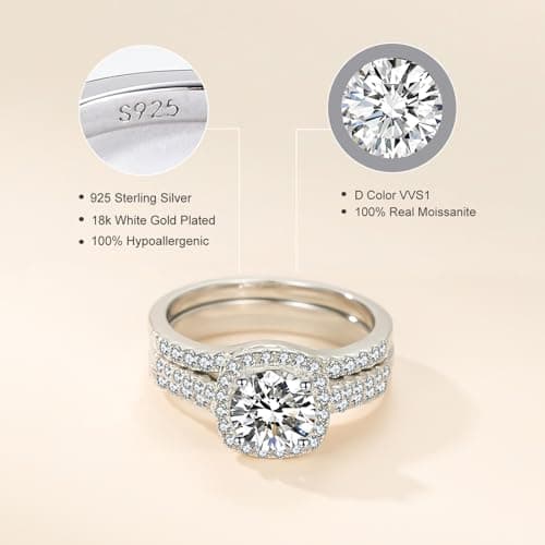CherLove Moissanite Engagement Ring Set, 1CT D Color VVS1 Clarity Sterling Silver