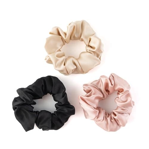 100% Mulberry Silk Scrunchies for Curly Hair, Thick Elastic Band, 3-Pack